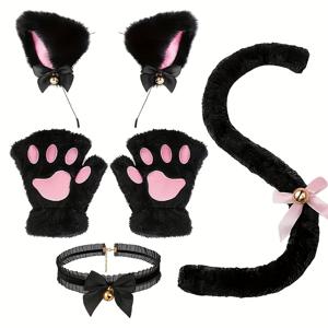 TEMU 5/6PCS 여성용 고양이 코스튬 세트 - 귀, 꼬리, 칼라 및 장갑 포함 - 할로윈, 카니발, 가면무도회 및 귀여운 키티 테마 이벤트에 완벽