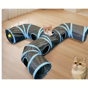 TEMU 고양이 터널, 2방향 접이식 놀이 터널, 새끼 고양이, 강아지, 토끼, 페럿용 상호작용 장난감 미로, 블루 & 블랙