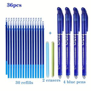 TEMU 교체 가능한 코어가 있는 0.5mm 파란색 지우개 가능한 젤 펜 36개 세트, 완전한 바늘 튜브 팁이 있는 마법 지우개 가능한 젤 펜, 뜨거운 지우개 가능한 사무용 학생 문구류