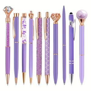 TEMU 10개 볼펜 세트 여성용 파티 선물, 대량 펜, 쓰기용 잉크 펜, 보라색 선물 여성용 보라색 펜, 소녀 사무용품 학교 용품, 메탈 펜, 검정 잉크