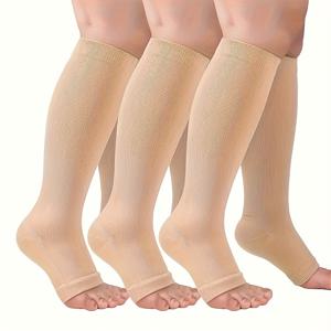 TEMU 여성 및 남성을 위한 브로파이트 압박 양말 3켤레 세트 - 신경 순환 지원을 위한 탄력 있는 리브 디자인의 오픈 토 무릎 높이 스타킹, 블랙 & 브라운 악센트, 기계 세탁 가능, 발렌타인데이/할로윈/아버지의 날 선물, 순환 개선 | 단색 패턴 | 편안한 발가락 디자인, 귀여운 양말