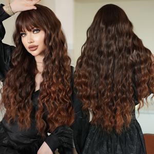 TEMU 우아한 옴브레 체스트넛 브라운 가발 앞머리 포함 - 30인치 길이, 깊은 물결파, 고밀도 푹신한 합성 머리, 열에 강함