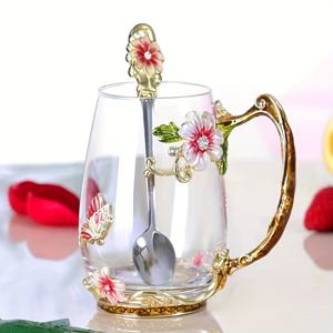 TEMU 짧고 긴 320ml/350ml 에나멜 컬러 꽃 차컵, 사무실 아침 식사 우유 주스용 가정용 유리 물컵, 사무실 홈 파티에 적합한 선물 컵