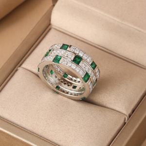 TEMU 빈티지 럭셔리 18K 골드 도금 구리 반지, 그린 합성 큐빅 지르코니아 악센트, 우아한 와이드 밴드 반지, 데일리 웨어