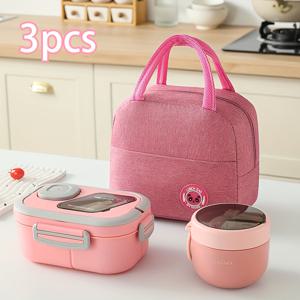 TEMU 3개 세트 휴대용 대용량 도시락 가방+도시락 상자+아침 식사 컵, 대용량 학생 도시락 상자, 접이식 알루미늄 호일 핸드백, 학교로 돌아가는 학생 핸드백, 여행 및 업무에 적합