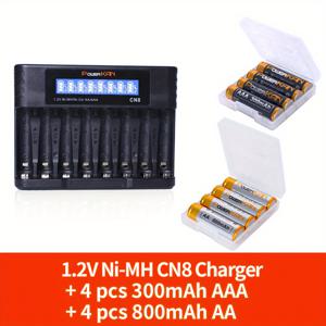 TEMU PowerKAN 8슬롯 NiMH 배터리 충전기 LCD 디스플레이 포함 - USB 전원, 최적 충전 및 방전을 위한 펄스 기술, AA (800mAh) & AAA (300mAh) 충전식 배터리 포함 - 디지털 카메라 등에 적합