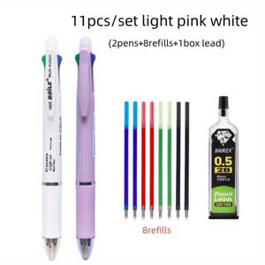 TEMU 창의적인 5in 1 지울 수 있는 젤 펜, 4가지 색상의 0.7mm 리필과 1개의 0.5mm 자동 연필심이 있는 다색 볼펜, 사무용 필기구(펜 2개+리필 8개+연필심 1박스)