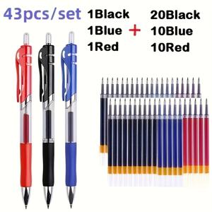 TEMU 43개 젤 펜 및 리필 세트 1세트, 문구용 필기 펜 검정/빨강/파랑 잉크 0.5mm 검정 파랑 볼펜 사무용품 3개 펜 + 40개 리필