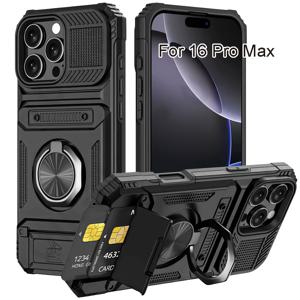 TEMU 16 Pro Max 15 Pro Max 14 Pro Max용 금속 홀더 및 카드 슬롯이 있는 충격 방지 강력한 하드 폰 케이스