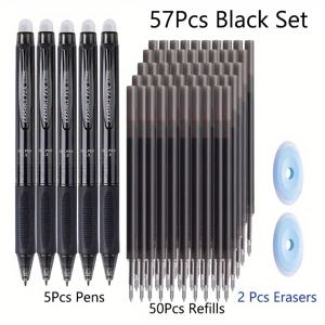 TEMU 57개 세트 0.5mm 전문가용 지울 수 있는 대용량 중립 펜 세척 가능한 손잡이 지워지는 매직 젤 펜 사무용 필기구(5펜+50리필+2지우개)