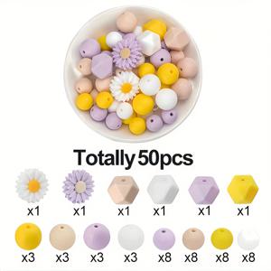 TEMU 50개 데이지 플라워 실리콘 비즈 키트 - 혼합 색상 라운드 & 육각형 비즈 12/14/15mm, 펜, 펜던트, 목걸이, 팔찌를 위한 DIY 쥬얼리 만들기 공예 - 수제 선물을 위한 크리에이티브 장식 비즈