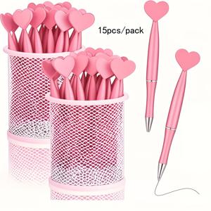 TEMU 15pcs 블랙 & 핑크 하트 모양 회전 버튼 라운드 볼펜 - 데이, 결혼식, 사무용품, 추수감사절, 할로윈, 로맨틱한 서명, 로맨틱한 문구 | 하트 모양 디자인 | 금속 마감