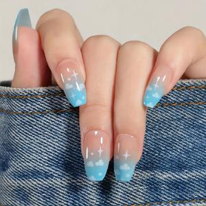 TEMU 24pcs 블루 오발 화이트 컬러풀 네일 - 1 네일 파일 및 1 네일 접착 스티커 키트 네일을 위한 소녀 어머니 여성 선물 - 백색화 네일 아트 세트 휴일을 위한 제거 가능한 네일 - 파티 - 데이트 및 일상 사용