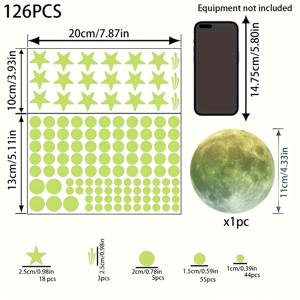 TEMU 126개 야광 별이 빛나는 달 벽 스티커 세트 - 자체 접착 재사용 가능한 PVC 데칼, 불빛이 나는 별과 불규칙한 모양, 침실, 유치원, 놀이방 장식에 배터리 필요 없음