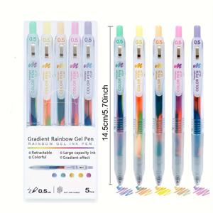 TEMU 5개 세트 화려한 무지개 그라데이션 젤 펜 - 0.5mm 미세 팁, 혼합 색상 잉크, 필기용품, 컬러링 및 예술적 창작을 위한 귀여운 문구류