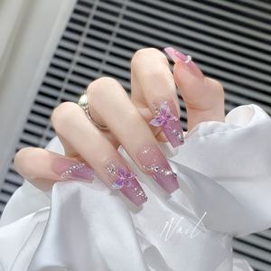 TEMU 24pcs 우아한 보라 나비 & 반짝이는 돌 긴 발레 네일 아트 세트 - 결혼식, 파티, 일상 사용에 적합, 소녀 및 여성에게 이상적인 선물, 웨딩 네일 | 우아한 네일 디자인 | 세부적인 네일 아트