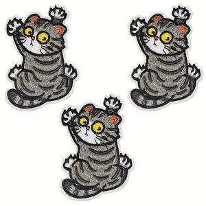 TEMU 3/6pcs 새로운 창의적인 회색 고양이 자수 패치 애플리케이스 - 상상력 있는 고양이와 들어 올린 발과 노란 눈, 옷, 신발, 모자, 가방, 자수 액세서리, 수제 장식, 재미있는 디자인, 세부적인 스티칭