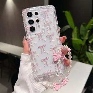 TEMU 갤럭시 삼성 S25 울트라 핸드폰 케이스, A16-5G 호환, A15 보호, A16 보우 비즈 체인 세트, a52 소프트 디자인, S22 울트라/S23/A05S 신선한 스타일, S23 FE/S22/S23 플러스/A21용 핑크 리본 하트 디자인