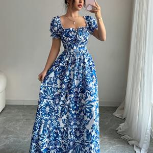 TEMU 우아한 파란색 꽃무늬 맥시 드레스, 퍼프 슬리브, 사각형 넥라인, 뒷쪽 컷아웃 - 봄/여름에 완벽, 데이트 및 휴가에 이상적, 휴가 드레스 | 꽃무늬 드레스 | 프릴 디테일, 비치 드레스