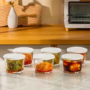 TEMU 6pcs 유리 식품 보관 용기 - 김치, 양파장아찌 및 조미료를 위한 둥근 누출 방지 밀봉 - 신선함 보존을 위한 재사용 가능한 주방 용기, 다목적 용기|투명한 뚜껑|누출 방지 디자인, 유리 식품 보관 용기|트라이탄밀폐용기