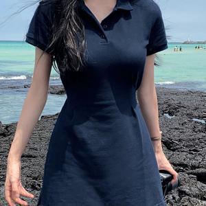 TEMU 여성용 네이비 블루 캐주얼 칼라 드레스 - 반팔, 버튼업, A라인 미니 스커트, 봄/여름 컬렉션, 세탁기 사용 가능, 부드러운 질감 원단|인견원피스