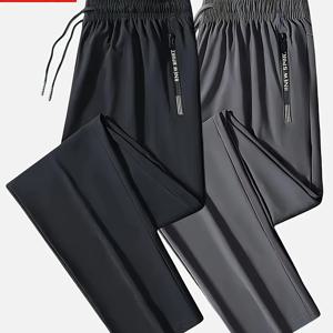 TEMU 2개 남성용 고탄력 캐주얼 운동 바지 - 여름 체육관 & 일상복, 수분 흡수 스트레치 원단, 레귤러 핏 포켓 포함, 솔리드 블랙, 슬림 디자인, 끈 조절 허리밴드|냉장고바지|남자바지|바지