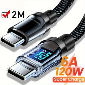 TEMU 2m/78.74inch USB C에서 USB Type C로 120W 6A 고속 충전 케이블 LED 디스플레이가 있는 나일론 브레이드 데이터 코드 삼성/아이폰 타입C 전체 시리즈용
