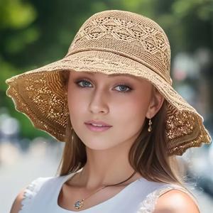 TEMU 여성용 스트로우 스트로우 와이드 브림 선하트 - 경량 90g/m², 손세탁 가능, 솔리드 브라운 색상, 해변, 캠핑, 야외 및 휴일 선물 (어머니의 날, 추수 감사절, 캠퍼스), 해변 선하트, 캠핑 액세서리, 우아한 헤어 액세서리