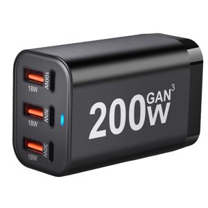 TEMU USB C 고속 200W 6포트 충전기 - 아이폰 14/13/12 시리즈, 갤럭시 S23/S22/S21용 가속 GaN 전원 어댑터