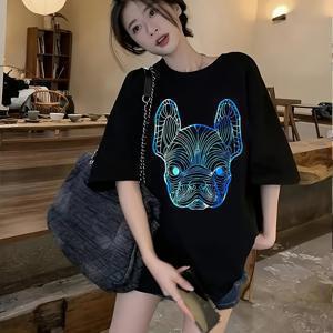 TEMU Y2K 스타일 프렌치 불독 라인 아트 티셔츠 - 블루 & 그린 그래픽 크루넥 탑, 스트레치 폴리에스터 혼방, 루즈핏 드롭 숄더 반팔, 여름 캐주얼 티, 편안한 착용감,