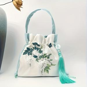 TEMU 1pc 핸푸 스타일 크로스바디 백, 핑크 태슬, 대용량 전화 포치, 조절 가능한 스트랩, 자수 꽃 디자인, 폴리에스터 안감, 축제 및 선물에 이상적, 축제 선물 백|전통 중국 스타일|내구성 있는 직물, 핸푸 액세서리|미니크로스백