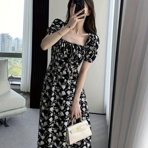 TEMU 여성용 스퀘어 넥 플로랄 프린트 A라인 드레스 - 가벼운 통기성 기계 세탁 가능 블랙 & 화이트 플로럴 드레스, 봄 여름 가을 캐주얼부터 반공식 행사까지, 계절별 워드로브 필수품, 우아한 스타일, 내구성 있는 소재, 패션 애호가를 위한|여름원피스|여성원피스|인견원피스
