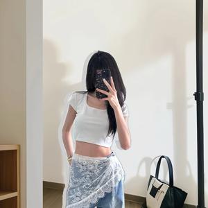 TEMU 여성용 빈티지 스타일 레이스 미니 스커트 - 달콤한 스타일, 비대칭 하단, 단색, 벨트 없음, 모든 계절 착용, 캐주얼 우아함, 귀여운 스커트, 우아한 캐주얼웨어, 부드러운 질감