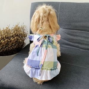 TEMU 1개 통기성 V넥 퍼프 소매 & 리본 타이 체크무늬 개 드레스 - 파스텔 블루/그린/핑크/화이트, 소형 및 중형견용, 홈&휴가복, 재미있는 디자인, 편안한 착용감