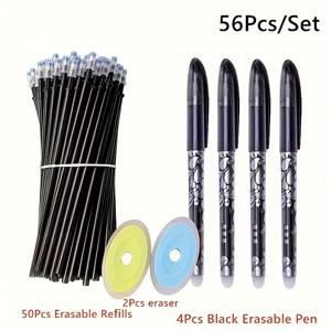 TEMU 56개/세트, 지울 수 있는 젤 잉크 볼펜, 중간 팁, 0.5mm, 세척 가능한 손잡이, 검정 & 파란색 잉크, 학교 및 사무용품 문구지 지우개 색상 랜덤