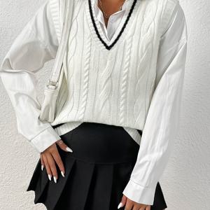 TEMU 여성용 스타일리시한 블랙 앤 화이트 베스트, V넥, 슬리브리스 풀오버, 가을과 겨울에 완벽한 캐주얼 의상, 가을 겨울 의류 | 스타일리시한 베스트 | 원단 베스트