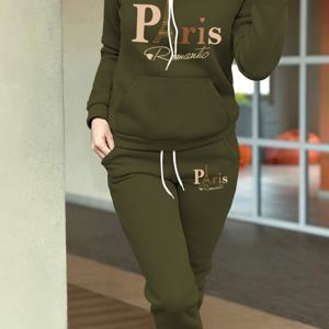 TEMU 여성용 가을과 겨울용 플리스 캐주얼 옷으로, 세련된 프린트 후디와 타파드 스웨트팬츠 세트가 특징입니다.