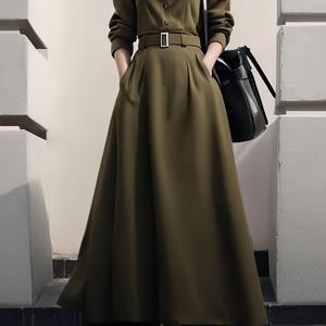TEMU 우아한 슬리밍 허리 집는 A라인 드레스 버튼 디테일 - 폴리에스터, 세탁기 사용 가능 - 사계절에 완벽함