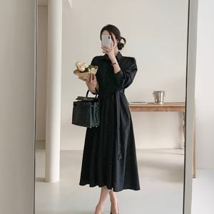 TEMU 우아한 솔리드 컬러 미디 드레스, 롱 슬리브 라펠 칼라 피팅 폴리에스터 드레스 벨트 포함 스프링 & 가을, 여성 엘레강트 의류|여성원피스|가을원피스|드레스