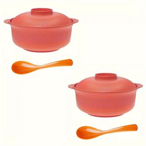 TEMU 4개 세트의 대용량 캐서롤 볼, 뚜껑과 긴 수프 스푼, 1100ml/38oz, 휴대용 대용량 수프 볼, 일본 및 한국 라면 볼, 커플의 쌀 볼, 저녁 식사 볼, 가족 및 레스토랑을 위한 로맨틱한 볼