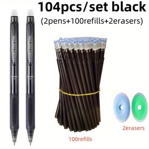 TEMU 크리에이티브 대용량 프레스 지우개 젤 펜 세트 104개입, 0.5mm 블랙/블루 워셔블 핸들 지워지는 매직 펜 리필 사무실 미술 그림 쓰기 문구 용품 (펜 2개 + 리필 100개 + 지우개 2개 포함)