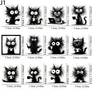 TEMU 12pcs 재미있는 고양이 UV DTF 비닐 스티커, 자체 접착, 혼합 색상, 컵, 유리, 노트북 스킨, 휴대폰 케이스, 스케이트보드용