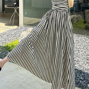 TEMU 여성용 오프숄더 맥시 드레스 - 블랙 앤 화이트 수직 , 허리 cinched, 봄/여름용 플로우 휴가 스타일, 캐주얼 비치웨어, 비치 드레스|여름원피스|여성원피스|비치웨어