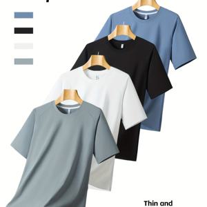 TEMU 남성용 빠른 건조 운동 티셔츠 4개 세트 - 통기성이 좋고 수분 흡수 기능이 있는 러닝 셔츠, 신축성 있는 원단과 레귤러 핏 라운드 넥 반팔, 체육관 및 운동복용 (검정/흰색/연한 파랑/진한 회색), 플러스 사이즈