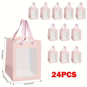 TEMU 투명 PVC 창문 및 손잡이가 있는 핑크색 종이 선물 가방 24개 세트 - 결혼식, 파티, 꽃집용 다중 사이즈 정사각형 플로럴 디자인 - 내구성 있는 장식 포장 가방, 파티 호의 가방 | 우아한 플로랄 패턴 | 쉽게 들 수 있는 손잡이