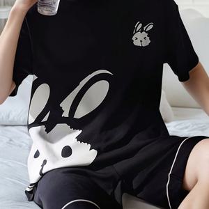 TEMU 봄 여름 가을 패션 캐주얼 남성용 파자마 세트, 토끼 프린트, 폴리에스터 혼방, 반팔 쇼츠 편안한 잠옷 투피스