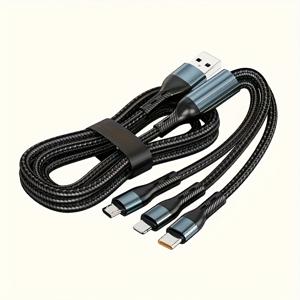 TEMU 초고속 3-in-1 충전 케이블, 120W 고속 데이터 동기화, 나일론 브레이드, 합금, 내구성 있는 꼬임 없는 디자인, iPhone, Samsung, Xiaomi, Huawei, USB to Lightning/Type-C/Micro USB, 배터리 없음, USB 전원