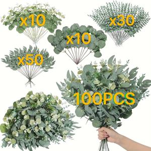 TEMU 100개 혼합 유칼립투스 잎 줄기, 4종 실버 달러 유칼립투스 잎 DIY 부케 꽃 장식용 인조 플라워, 홈 데코 실내외 장식용 인공 식물