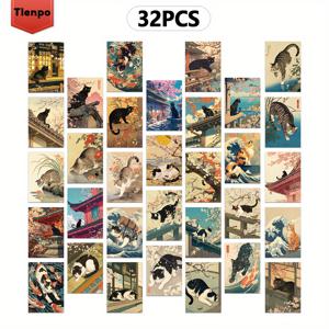 TEMU 32개 TLENPO 일본 고양이 엽서 - 우키요에 스타일 벚꽃 & 고양이 아트, 두꺼운 카드스톡, 선명한 HD 인쇄, 수집용 홈 데코, 스크랩북킹, 고양이 애호가를 위한 선물, 전통 일본 예술, 상세 일러스트레이션, 장식 카드, 공예 애호가, 벽 장식, 정교한 기술, 문구 수집가