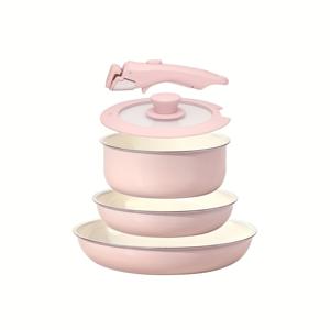 TEMU 5피스 세라믹 조리기구 세트, 논스틱 냄비와 팬 세트, 식기세척기 안전 비독성 건강한 논스틱 요리용품 세트, 프라이팬 포함, 핑크색
